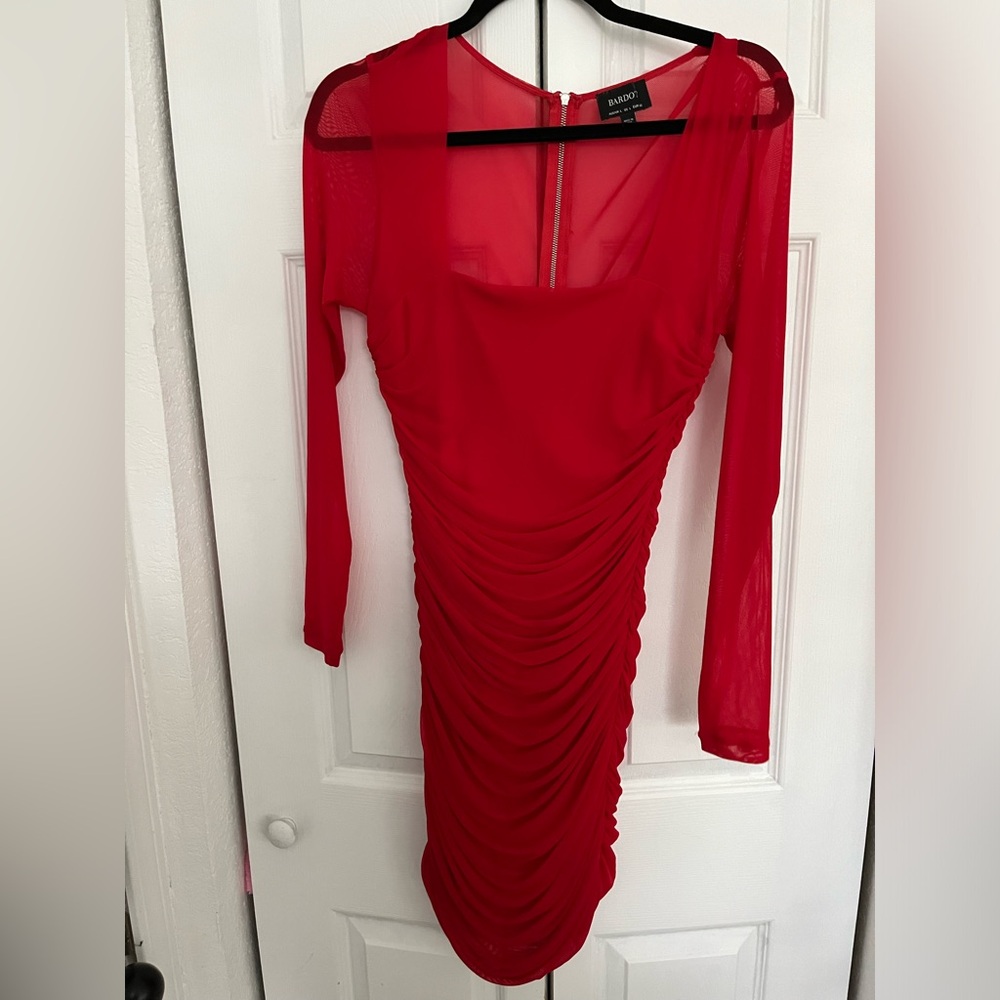 Red Holiday Dress Mesh Long Sleeve BodyCon Dress by Bardot sz L